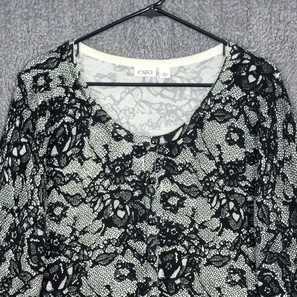 Cato Sweater Womens Large Black White Floral Lace Print Cottagecore Cardigan - Picture 2 of 11